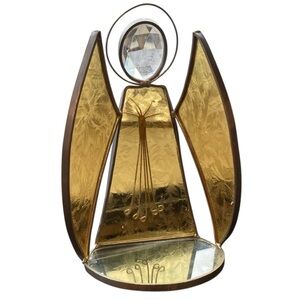 Easter Stained Glass Angel Shelf Stable w/ Crystal Accent on Back Gold/Mirror